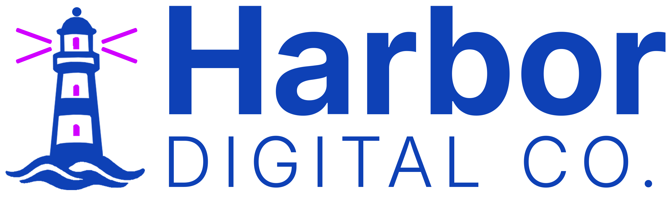 Blue "Harbor Digital Co." logo on black background, featuring a lighthouse with magenta light beams and waves, conveying guidance and innovation.